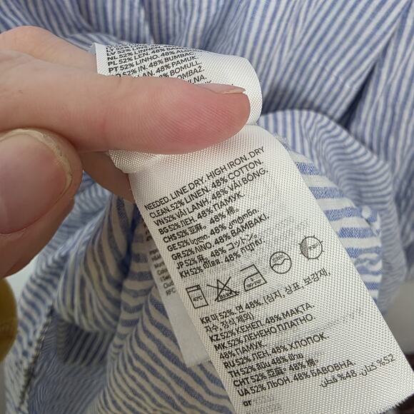 H&M Blue White Striped Linen Blend Coastal Long Sleeve Wrap Mini Dress Size L - Picture 6 of 9